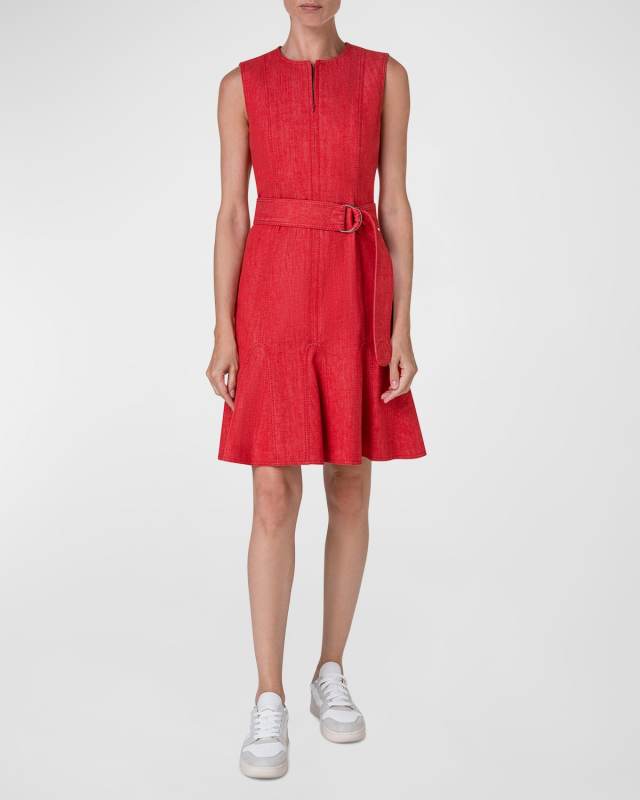 Cotton Denim Belted Short Dress
